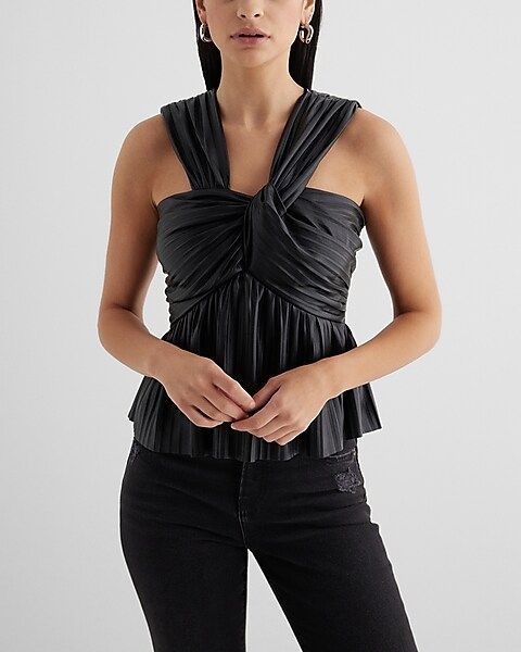 Faux Leather Pleated Twist Front Peplum Tank | Express