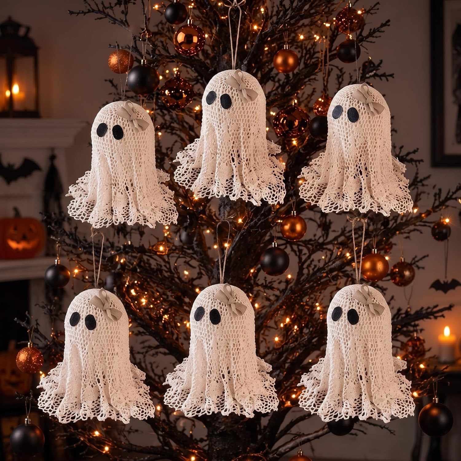 Briwooody 6 Pcs Halloween Ghost Hanging Ornaments for Tree White Lace | Amazon (US)