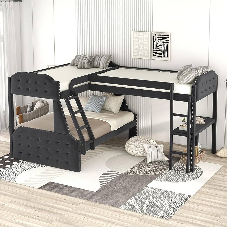 Merax Velvet Twin Over Full Bunk Bed with Nailhead Trim, Button Tufted, Built-in Desk, Upholstere... | Amazon (US)