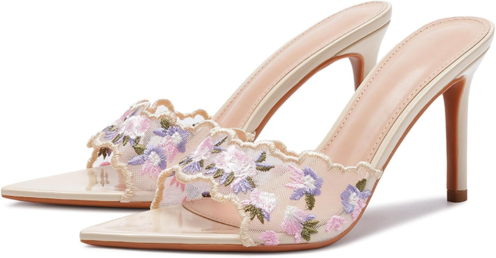 Women'S Lace Floral Pointed Open Toe Stiletto Sandals With Mesh Embroidered Fashion Slip On High Heel Mules Sandals For Sexy Prom Dinner Party Wedding Backless Slide Sandals | Amazon (US)