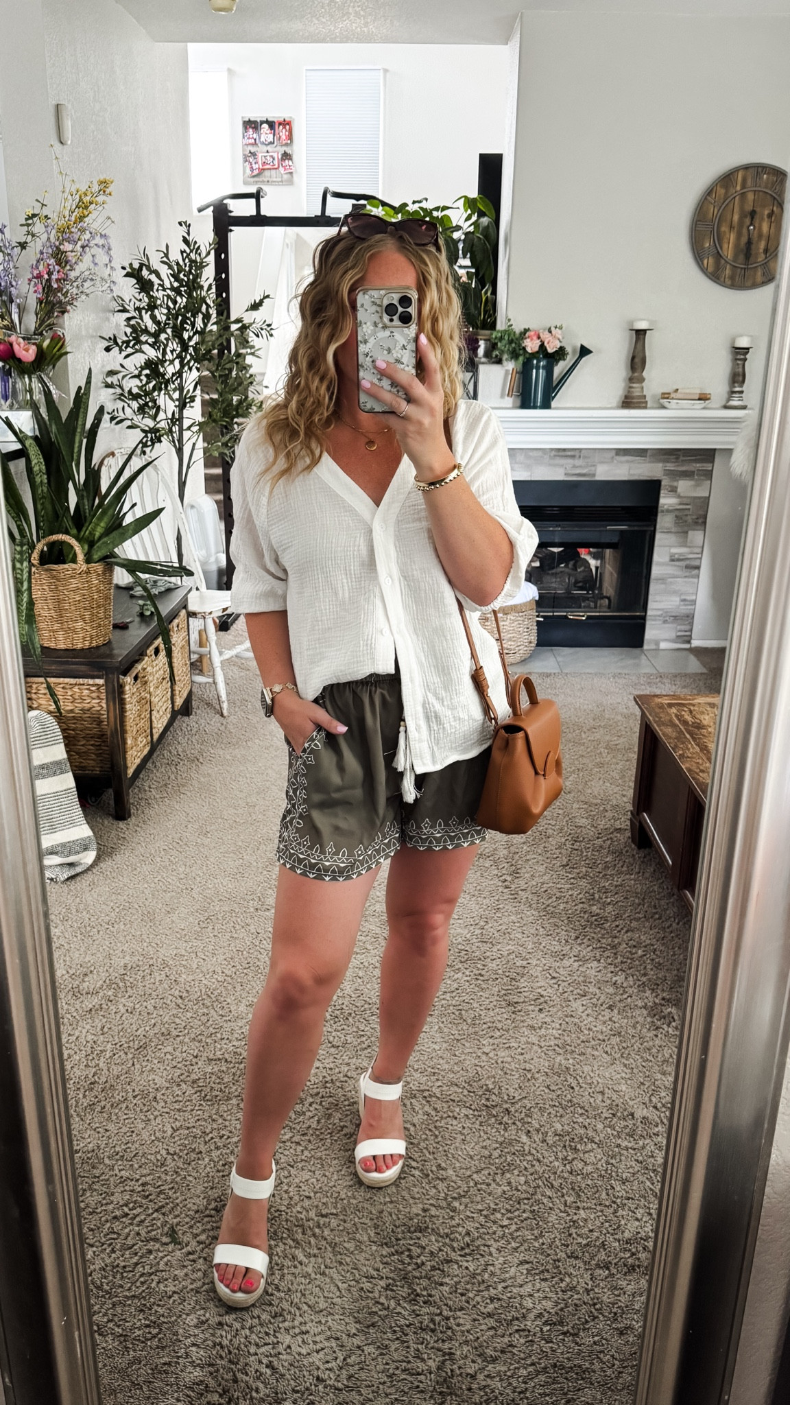 White cotton gauze button down shirt, flowy summer shorts, brown purse, and wedge espadrille heels 






vacation outfits, tropical outfits, beach outfits, beach clothes, resort wear 2026, summer outfits, beach vacation outfit, summer date night outfit,

#LTKootd #LTKTravel #LTKPetite