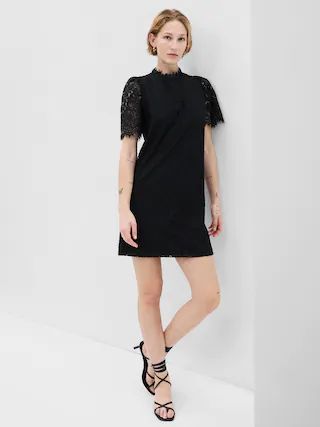 Puff Sleeve Ruffle Neck Lace Mini Dress | Gap (US)
