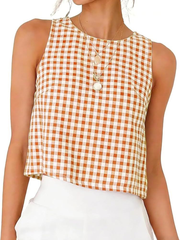 Kinghua Gingham Tank Tops for Women Spring Summer Casual Crop Cotton Sleeveless Shirts Blouses Y2... | Amazon (US)
