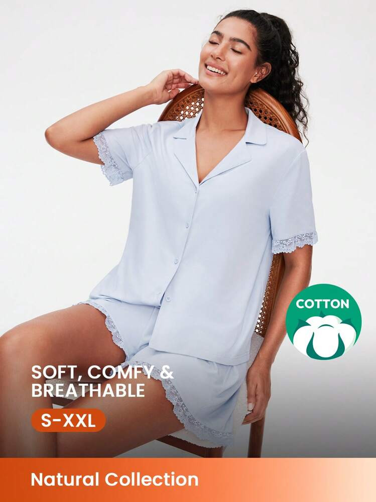 LUVLETTE Soft Cotton Ruffle Lace Trim Button-Up Short Blue Airy Women Pajama Set Pants With Pockets Boxer Set,Spring And Summer | SHEIN