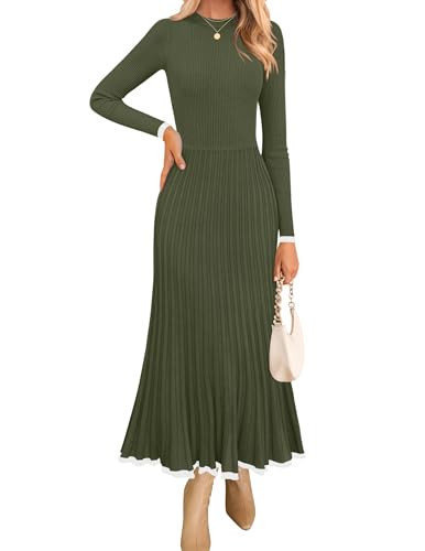 ZESICA Women's Long Sleeve Sweater Dress Fall 2026 Crewneck Ribbed Knit Pleated A-Line Maxi Wedding Guest Dresses,Army Green,Large | Amazon (US)