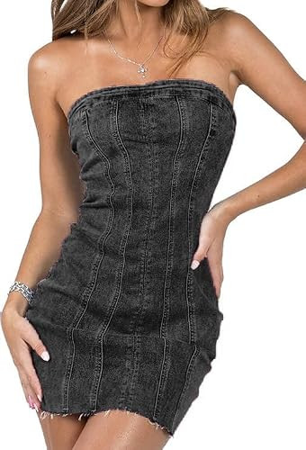 peassa Women's Sexy Denim Strapless Dresses Y2K Jeans Corset Tube Bodycon Top Mini Dress Club Western Cowgirl Outfits Dark Grey, S | Amazon (US)