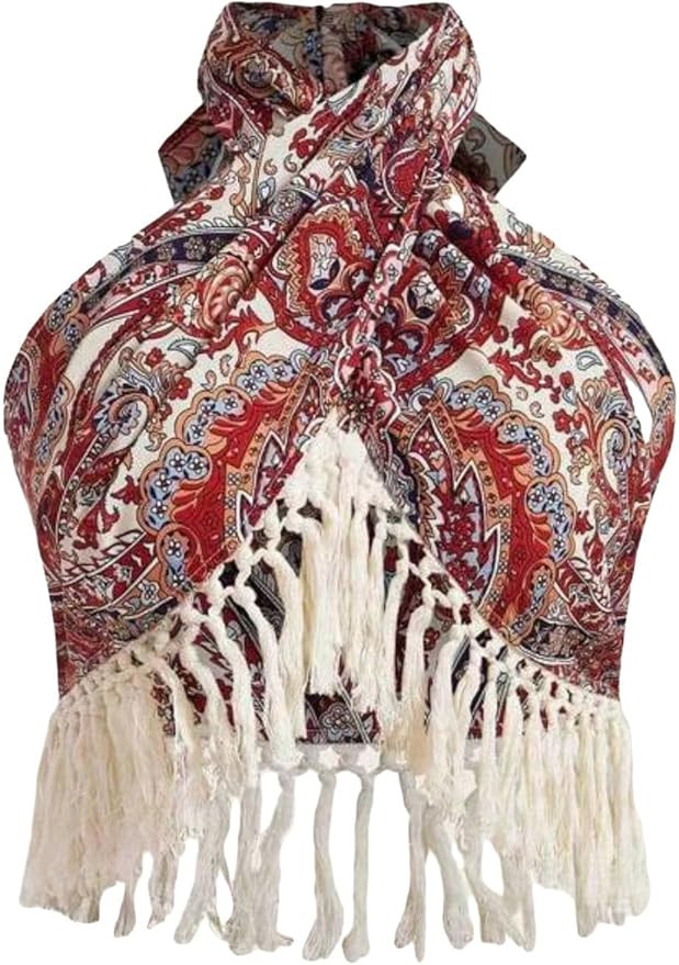 Verdusa Women's Paisley Print Tassel Fringe Tops Backless Crisscross Wrap Crop Halter Top Burgund... | Amazon (US)