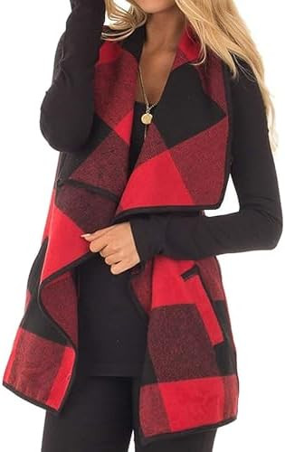 Mannice Womens Buffalo Plaid Sleeveless Cardigans Lapel Open Front Plaid Vest Jacket Coat with Po... | Amazon (US)