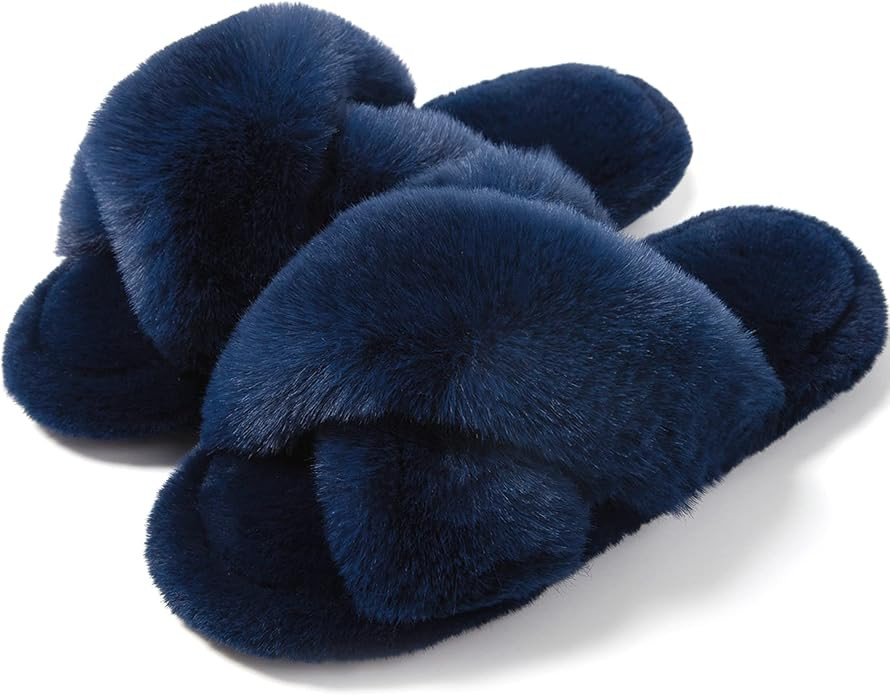 Cross Band Faux Fur Fuzzy Slippers for Women Plush Fluffy Furry Open Toe Slide Slipper for Women ... | Amazon (US)
