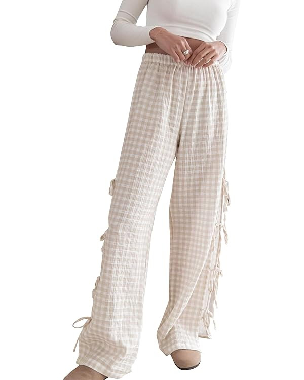 Sunloudy Women Y2K Wide Leg Gingham Pants Elastic High Waist Side Tie Loose Fit Plaid Trouser Lou... | Amazon (US)