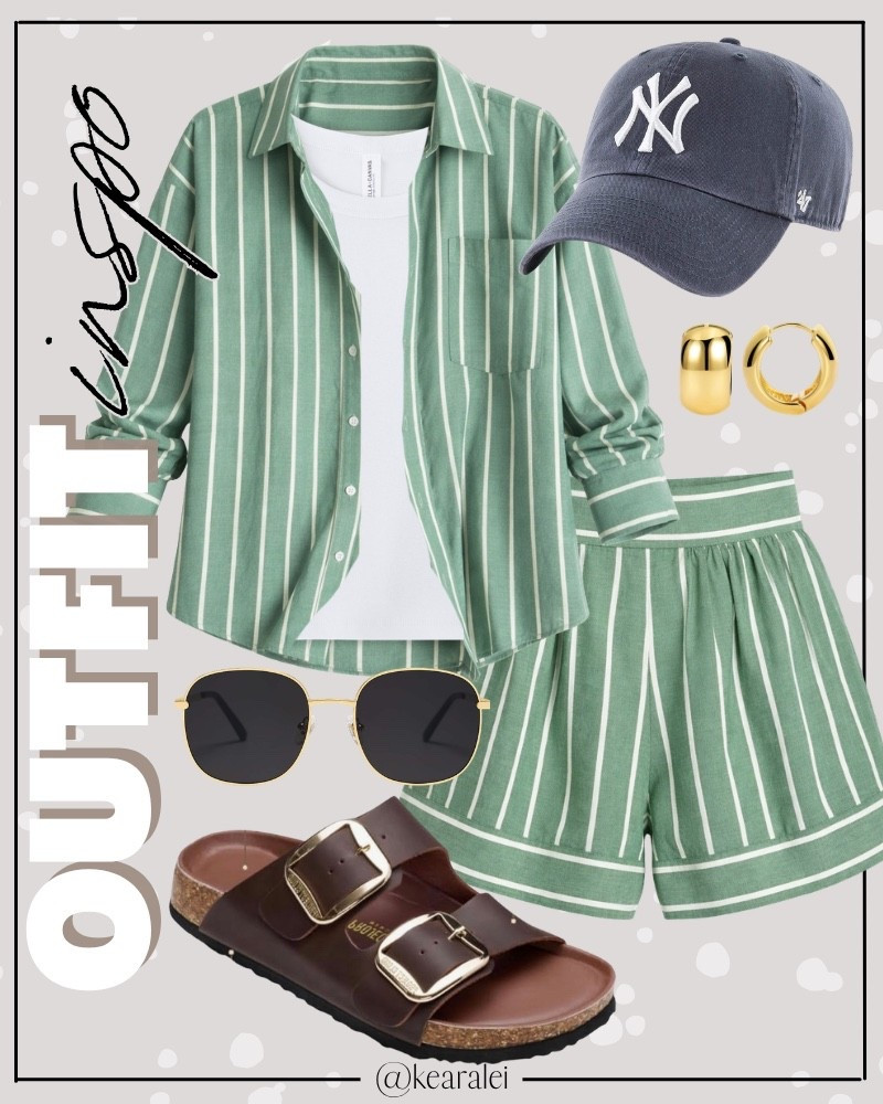 Spring outfits 2026 green striped summer set Womens 2 Piece Outfits Striped Long Sleeve Button Down Collared Shirt Matching Shorts Sets layered over white ribbed tank top and brown woven faux leather strap buckle sandals Birkenstock look alike look for less Birkenstocks navy blue 47 brand baseball hat Yankees hat Huggies hoops earrings gold filled gold plated bracelets gold timed aviator sunglasses summer outfits beach outfit vacation outfits resort wear swimsuit coverup cruise clothes || #amazon #outfit #summer #spring #comfy #freepeople #barrel #sandals #affordable 
.
.
.

Fitness Wear, Activewear, exercise outfit, workout leggings, sports bra, Lulu lemon, free people motion active athleisure Amazon fashion, teacher outfits, business casual, casual outfits, neutrals, street style, Midi skirt, Maxi Dress, Swimsuit, Bikini, Travel, skinny Jeans, Puffer Jackets, Concert Outfits, Cocktail Dresses, Sweater dress, Sweaters, cardigans Fleece Pullovers, hoodies, button-downs, Oversized Sweatshirts, Jeans, High Waisted Leggings, dresses, joggers, fall Fashion, winter fashion, leather jacket, Sherpa jackets, Deals, shacket, Plaid Shirt Jackets, apple watch bands, lounge set, Date Night Outfits, Vacation outfits, Mom jeans, shorts, sunglasses, Disney outfits, Romper, jumpsuit, Airport outfits, biker shorts, Weekender bag, plus size fashion, Stanley cup tumbler Target, Abercrombie and fitch, Amazon, Shein, Nordstrom, H&M, forever 21, forever21, Walmart, asos, Nordstrom rack, Nike, adidas, Vans, Quay, Tarte, Sephora, lululemon, free people, j crew jcrew factory, old navy

#LTKootd #LTKSeasonal #LTKSaleAlert