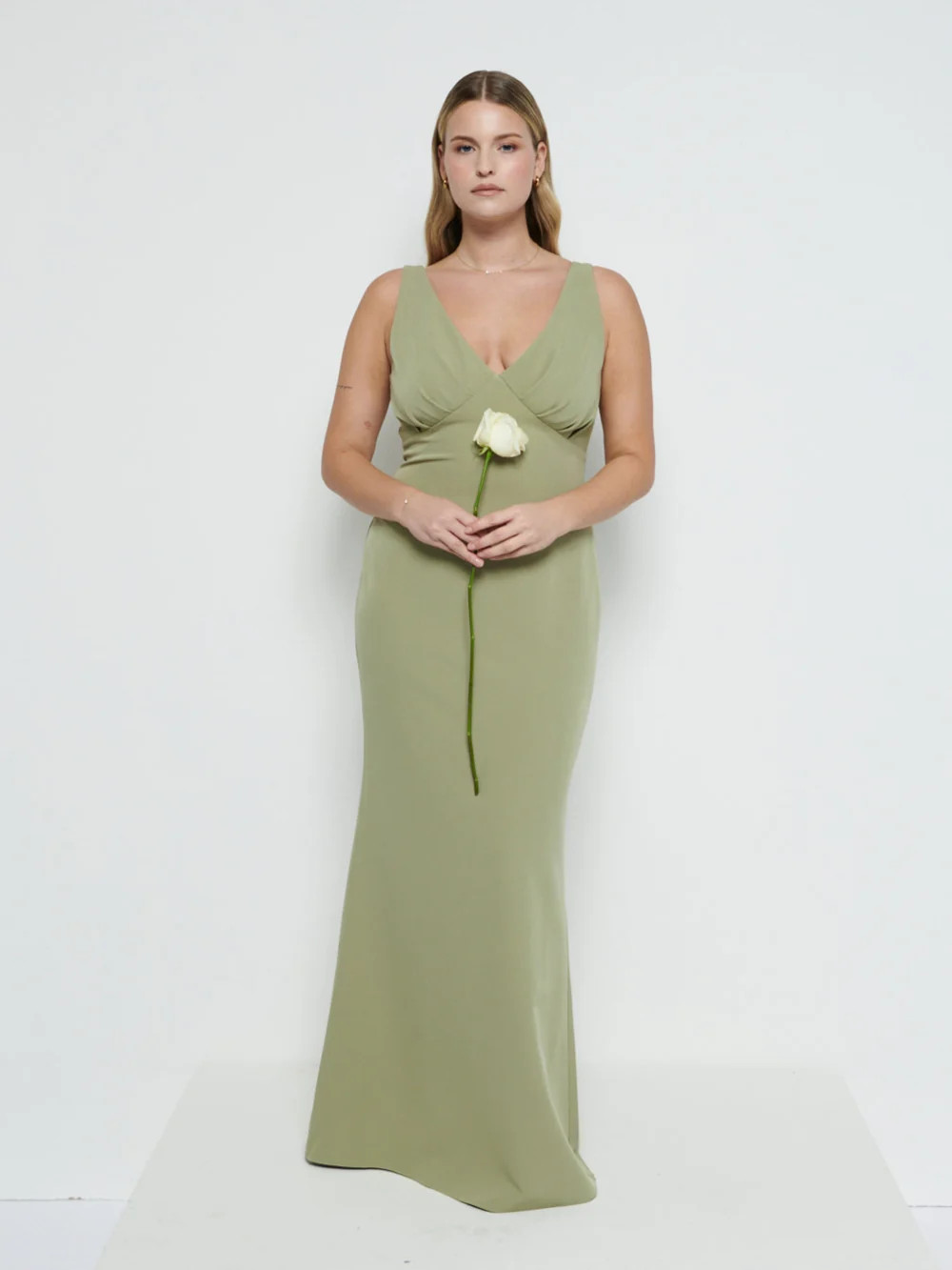 Esmee V-Neck Crepe Maxi Bridesmaid Dress - Olive | Pretty Lavish (UK)