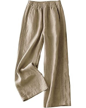 IXIMO Women's Linen Pants Elastic Pleated Wide Leg Straight Fit Palazzo Pants | Amazon (US)
