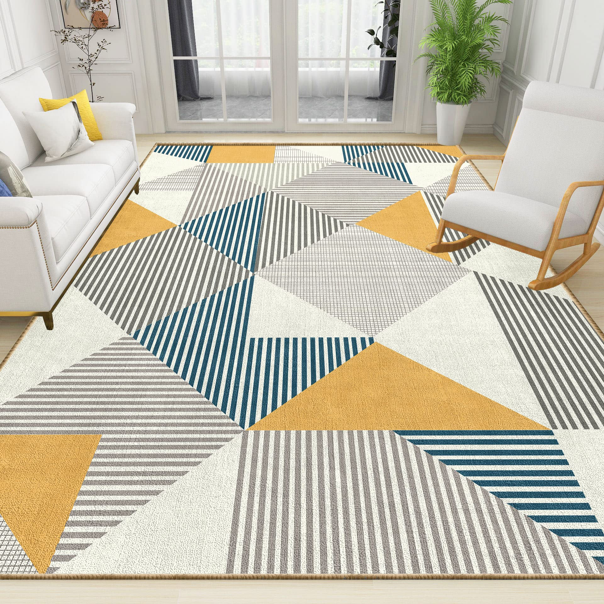 Modern Geometric Area Rug Yellow and Blue Grey Triangle Pattern Stain Resistant Floor Carpet, 8 X... | Amazon (US)