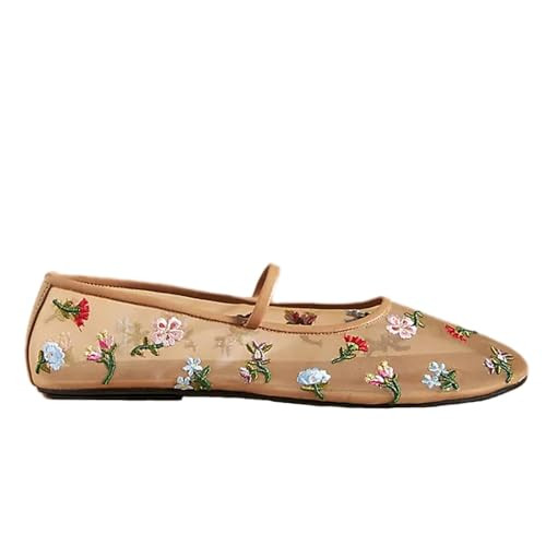 Mesh Ballet Flats for Women Embroidered Floral Mary Jane Flats Comfortable Casual Daily Dress Ballerina Shoes Nude | Amazon (US)