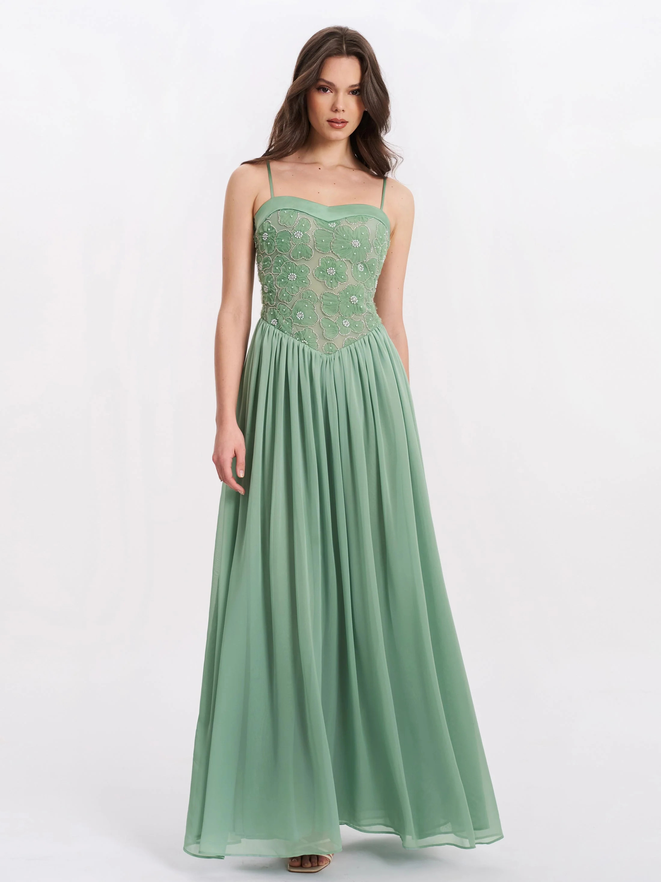 Miss Circle Women Ucille Sage Green Embroidered Chiffon Maxi Dress | Shop Simon