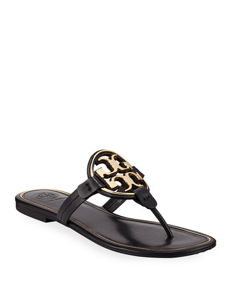 Tory Burch Miller Flat Metal Logo Slide Sandals | Neiman Marcus