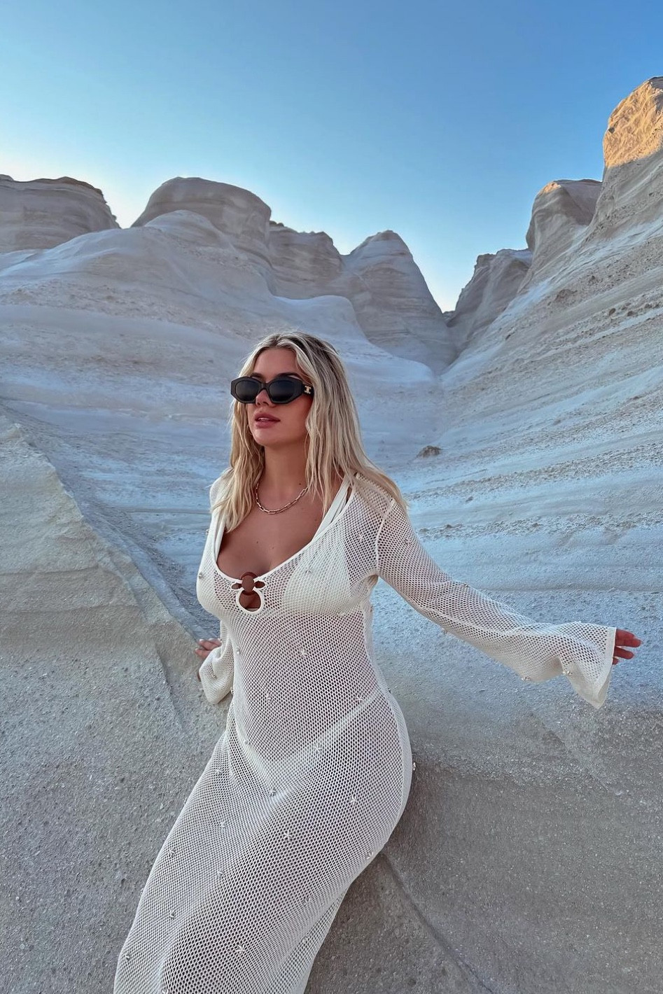 Beach dress, cream bikini, net dress, long sleeve beach cover up, round cat eye sunglasses, celine 

#LTKstyletip #LTKSeasonal #LTKswim