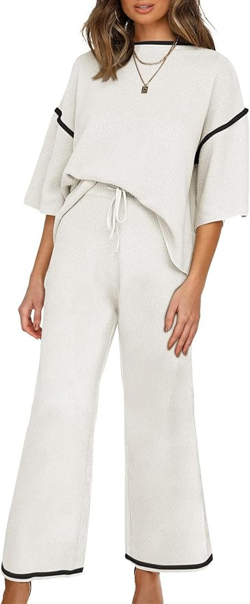 SHEWIN Womens Two Piece Outfits Casual Short Sleeve Knit Sweater Tops Matching Wide Leg Pants Tra... | Amazon (US)