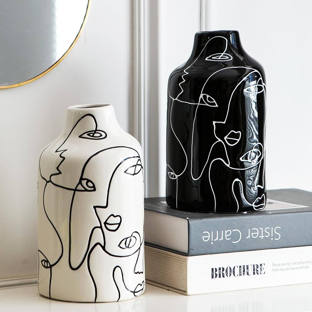 Ceramic Vase Set, 2pcs Black and White Abstract Irregular Design Flower Vases, Modern Home Decor ... | Amazon (US)