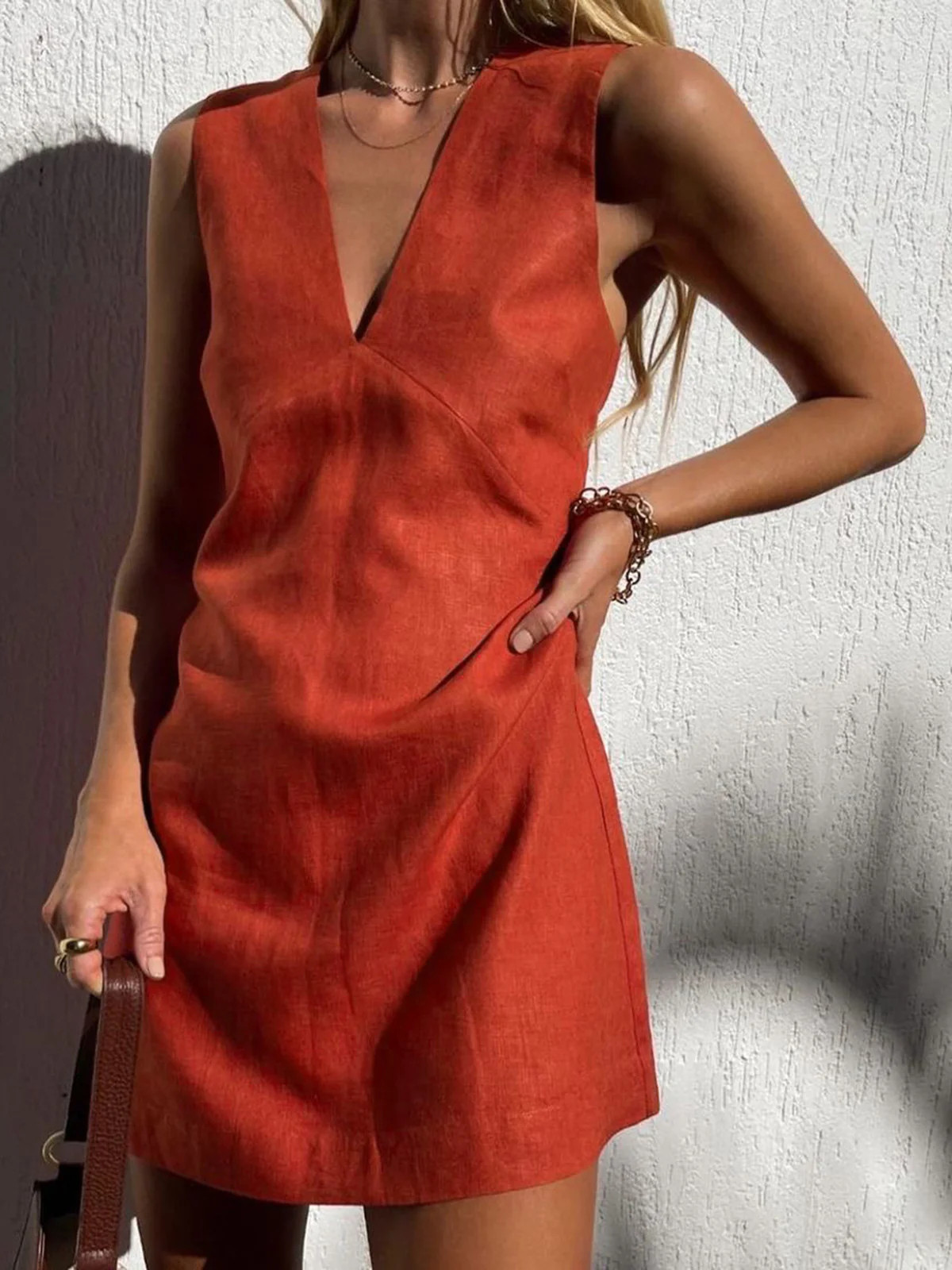 Cotton & Linen V-Neck Short Dress | Commense