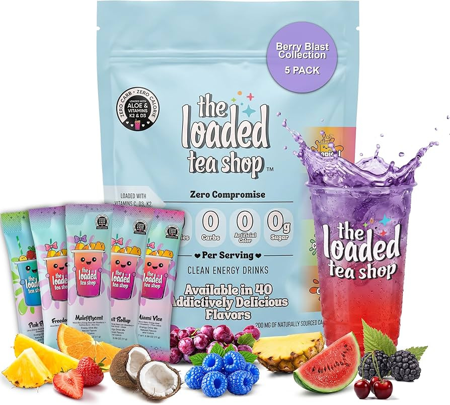 The Loaded Tea Shop Energy Drink Mix Sticks, Berry Blast Collection 5 Pack, Sugar-Free, Zero Calo... | Amazon (US)