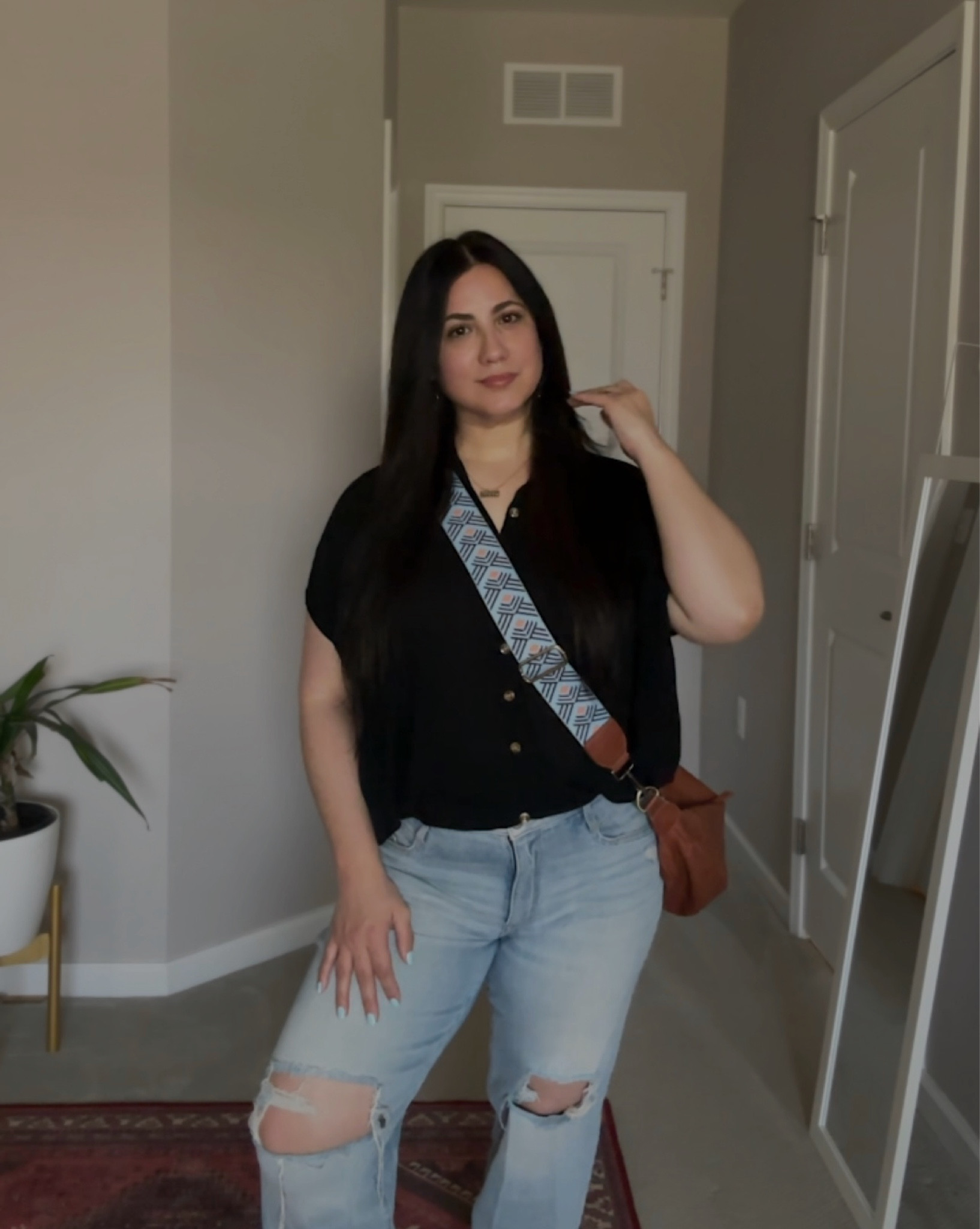 Casual Spring Outfit, casual spring outfit, vacation outfit, casual chic outfit, summer outfit, travel outfit, boyfriend jeans, vegan leather crossbody bag, black boho button blouse, Satya Jewelry phases of the moon necklace, brass earrings, Mid-size fashion, midsize style, midsize fit

#LTKFind #LTKunder100 #LTKcurves
