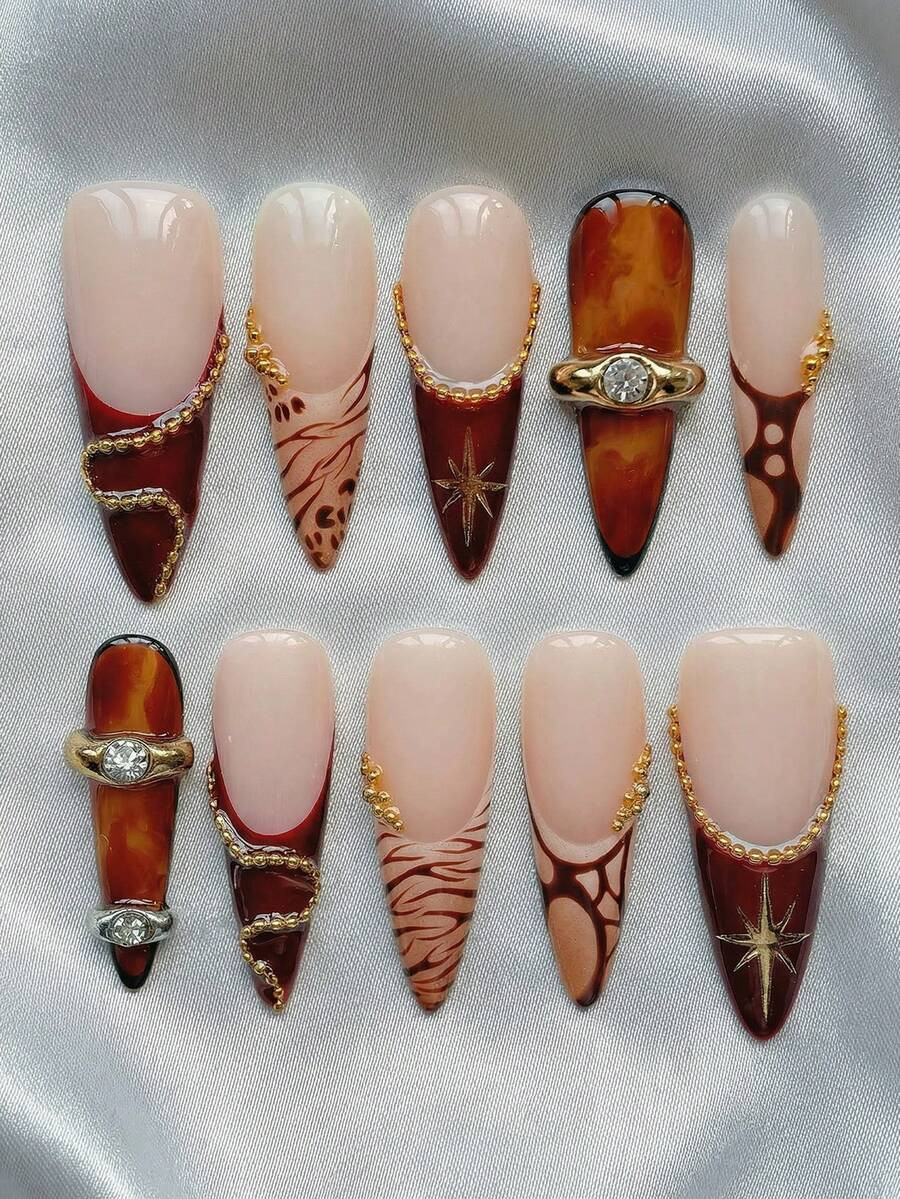10 PCS Handmade Y2K Vintage Long Stiletto Press On Nails, Luxury Burgundy French & Tortoise Shell... | SHEIN