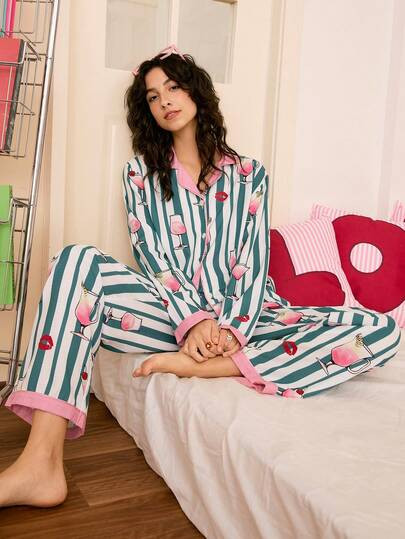 Chillnights Striped Lip Print &amp; Cherry Juice Cup Print Contrast Color Collar Long Sleeve Wome... | SHEIN