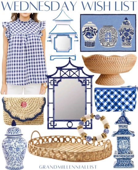 Grandmillennial preppy decor and fashion gingham checked top with ruffle pagoda mirror ginger jars rug wicker tray blue and white decor chinoiserie decor gifts

#LTKHome #LTKStyleTip