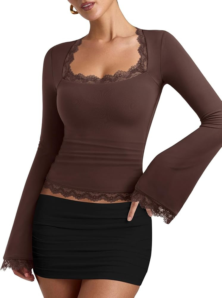 REORIA Womens 2025 Fall Fashion Square Neck Lace Long Bell Sleeves Shirts Double Lined Casual Sli... | Amazon (US)