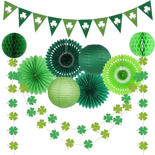 zilue St Patricks Day Decorations, Green Party Supplies Four-leaf Clover Garland Tissue Paper Fan Paper Lantern for Irish Party Saint Patricks Day Decor | Amazon (US)
