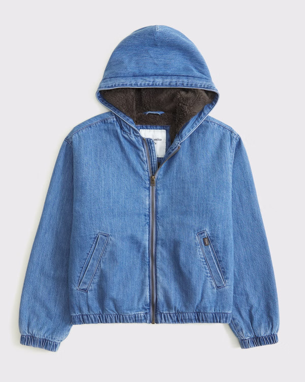 faux fur-lined denim hooded bomber jacket | Abercrombie & Fitch (US)