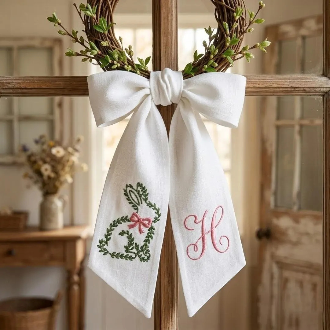 Embroidered Greenery Bunny Embroidered Wreath Sash, Personalised Monogram Front Door Bow, Floral ... | Etsy (US)