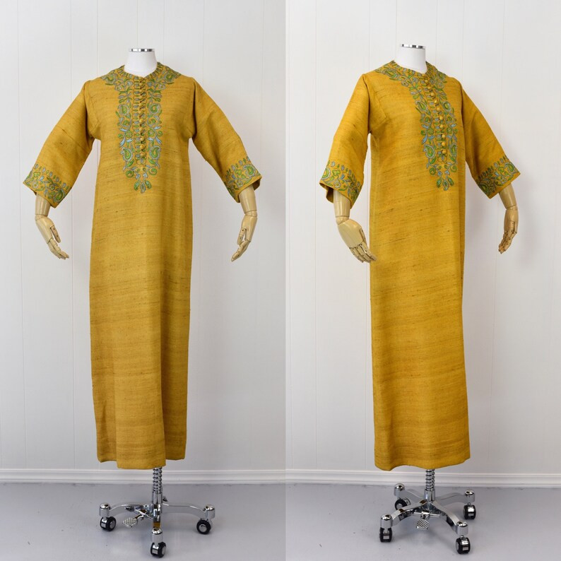 1960s Tina Leser Yellow Green Floral Embroidered Caftan Maxi Dress - Etsy | Etsy (US)