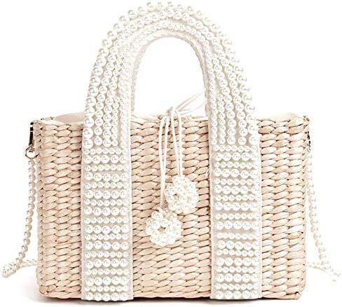 N\C Women's Pearl Straw Bag Straw Basket Tote Bag Messenger Bag Messenger Bag Women's Handbags an... | Amazon (US)