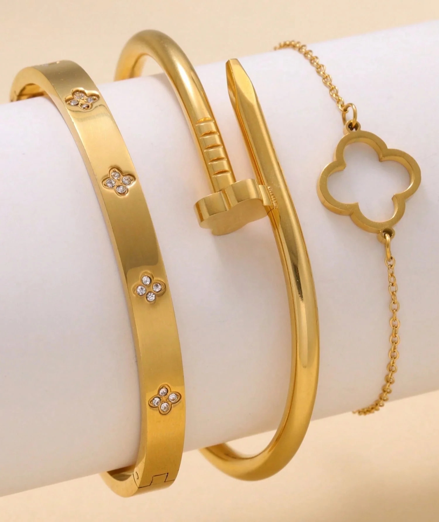 3-Piece Gold Bracelet Set for Women, Stackable Four-Leaf Clover Lucky Bracelets, Stainless Steel ... | Walmart (US)