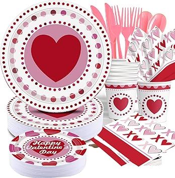 PAMMYAN 2022 Valentines Day Party Supplies Tableware Set - 25 Set Heart and Love Disposable Dinne... | Amazon (US)