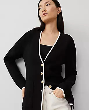 Petite Tipped V-Neck Sweater Blazer | Ann Taylor (US)