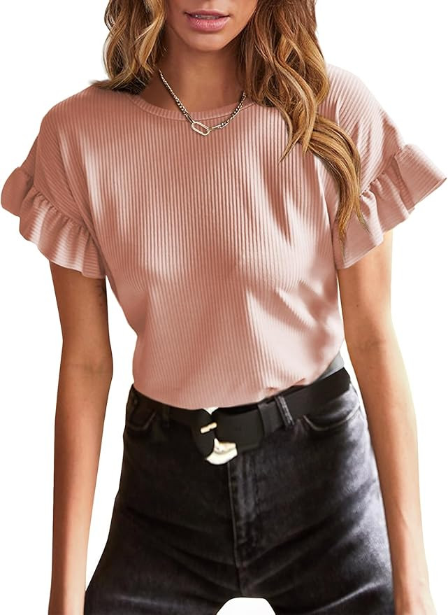 EVALESS Womens Short Sleeve Casual Basic T Shirts Summer Ruffle Plain Round Neck Knit Loose Fit T... | Amazon (US)
