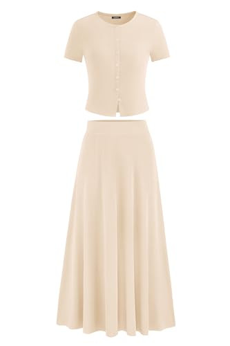 PRETTYGARDEN Women's 2 Piece Skirt Sets Summer Short Sleeve Button Up Knit Crop Top Flowy Maxi Skirts Travel Vacation Outfits (Beige,M) | Amazon (US)