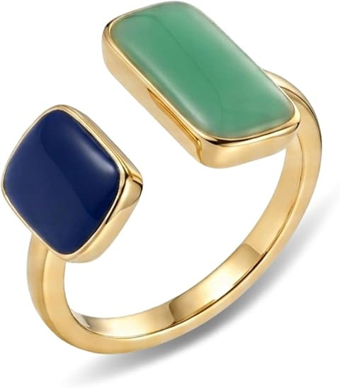 14K Gold Plated Adjustable Enamel Ring for Women, Asymmetrical Geometric Open Ring, Two-Tone Teal... | Amazon (US)