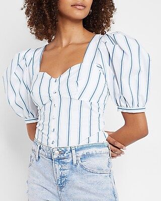 Striped Button Front Puff Sleeve Thong Bodysuit | Express