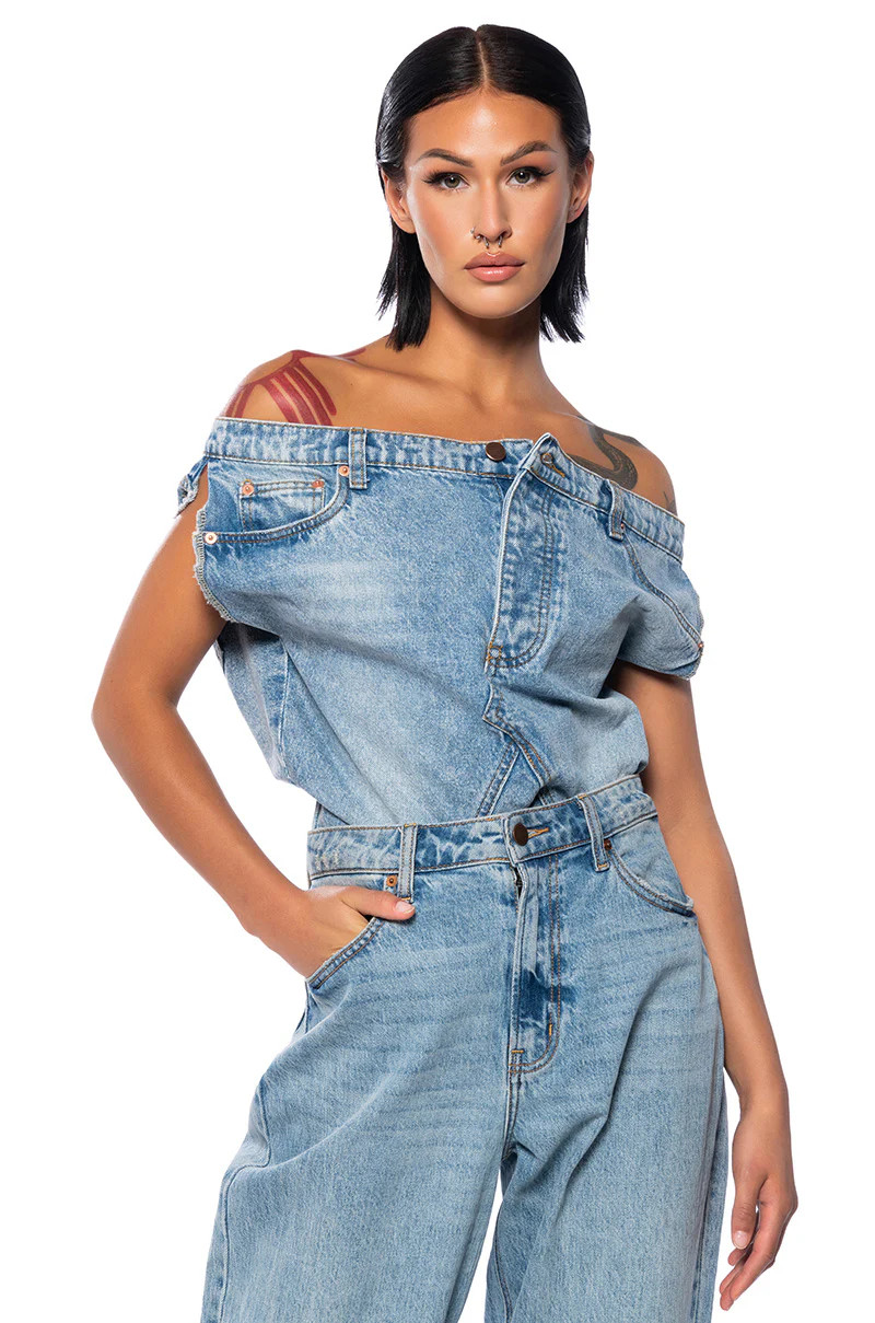 THE WAY I WANT OFF THE SHOULDER DENIM TOP | AKIRA