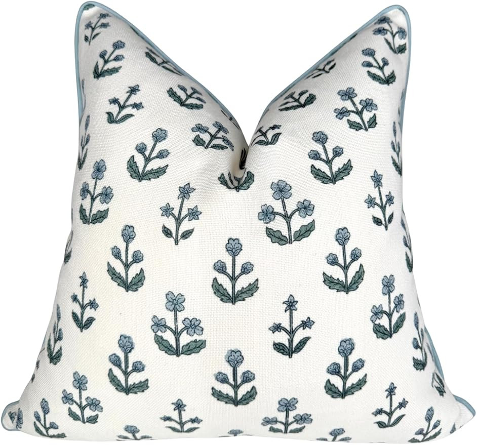 "The Beau” Floral Block Print Pillow Cover – Blue Decorative Throw Pillow Cover with White Ba... | Amazon (US)