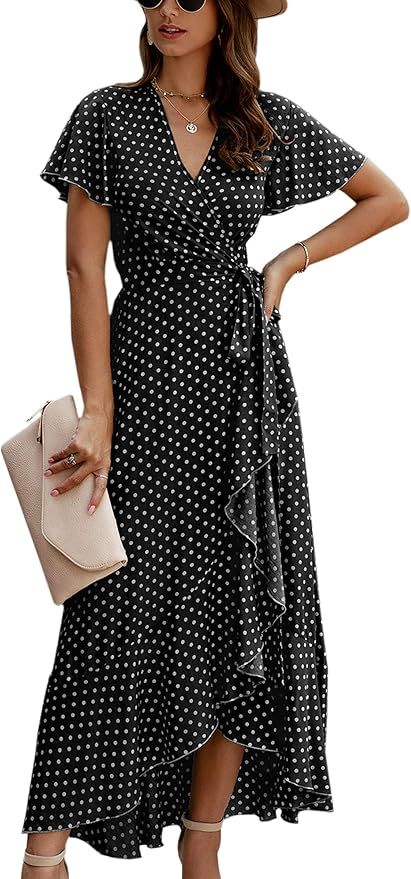 ECOWISH Womens Dresses Bohemian Wrap V Neck Short Sleeve Ethnic Style High Split Beach Maxi Dress | Amazon (US)