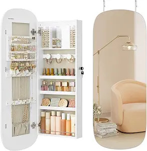 SONGMICS Jewelry Organizer, LED Jewelry Cabinet Wall/Door Mounted, Lockable Rounded Wide Mirror w... | Amazon (US)