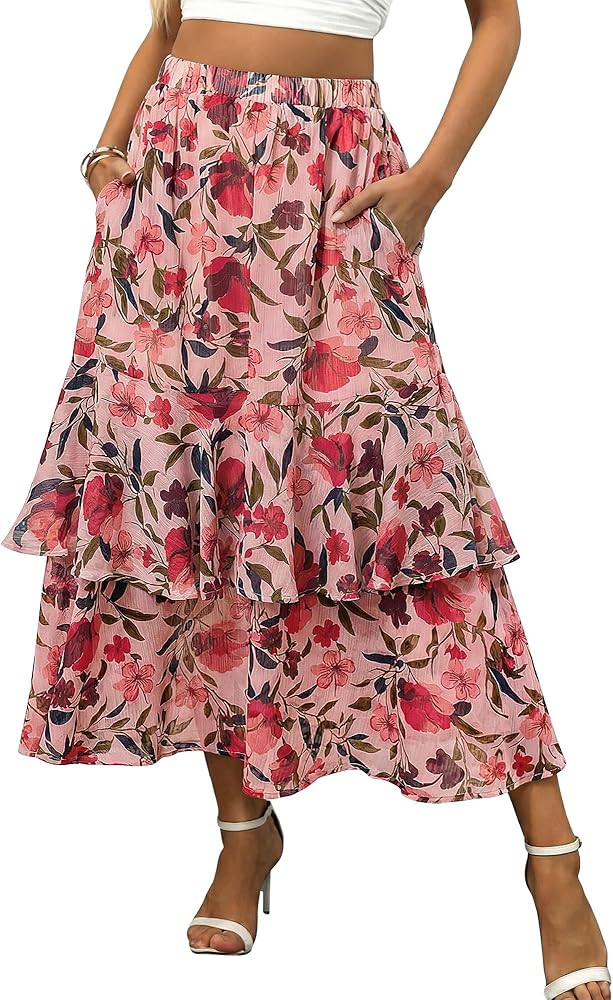 luvamia Long Skirts for Women Floral Flowy Boho Tiered Ruffle A Line Summer Chiffon Elastic Waist... | Amazon (US)