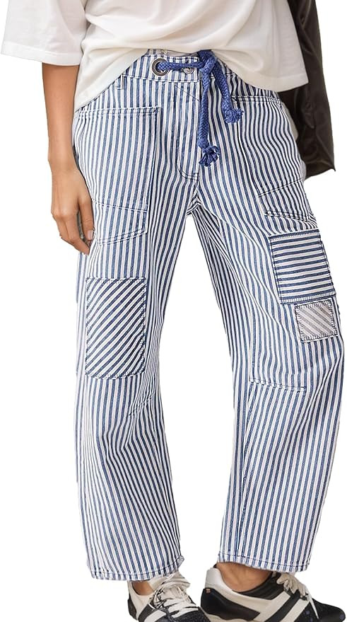 Mewunan Womens Pull-On Barrel Jeans Mid-Low Rise Boyfriend Drawstring Ankle Baggy Elastic Waist S... | Amazon (US)