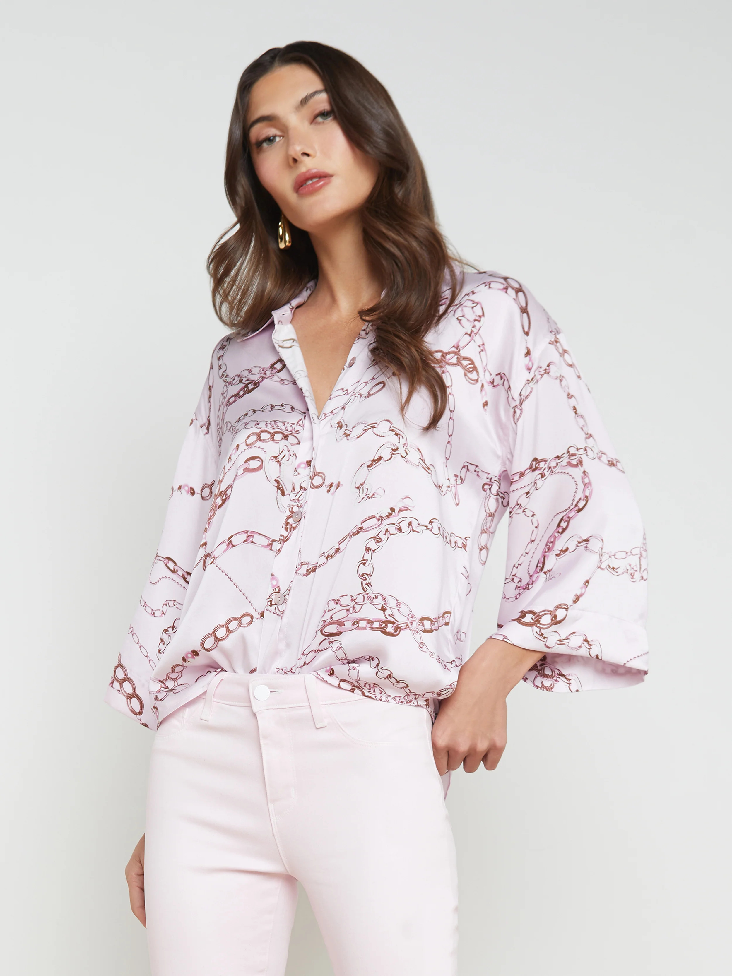 L'AGENCE - Patrice Silk Blouse in Lilac Snow Multi Sketch Chain | L'Agence